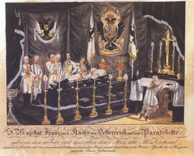 His Majesty Franz I, Emperor of Austria on the Parade Bed, Colored Lithograph, 1835 by Joseph Bayer
